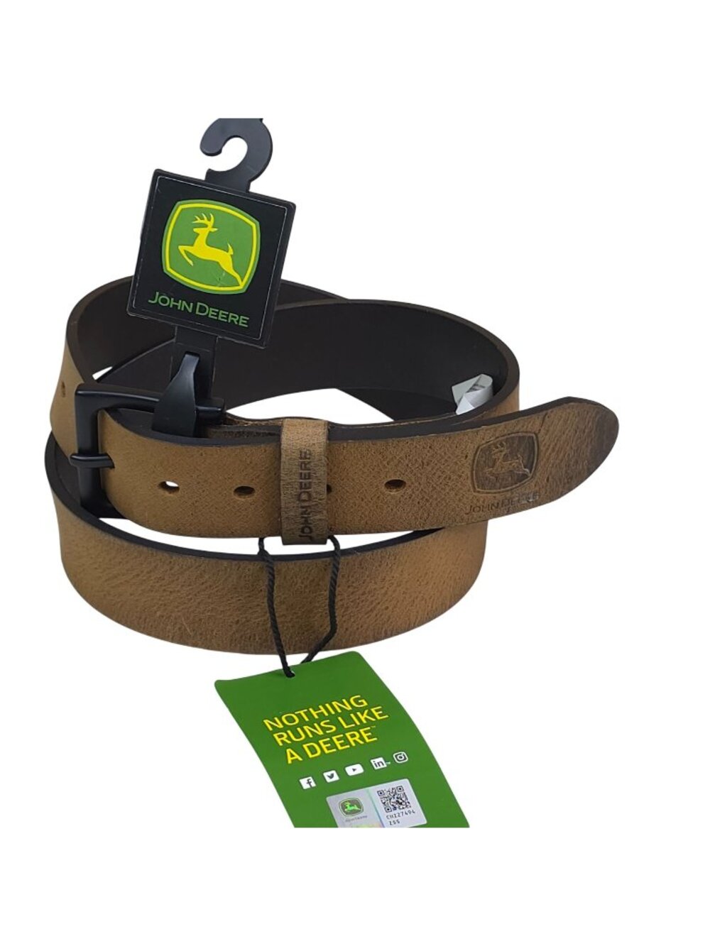 John Deere Mens Genuine Leather Belt XL 42-44 Light Brown/Tan - Black Buckle